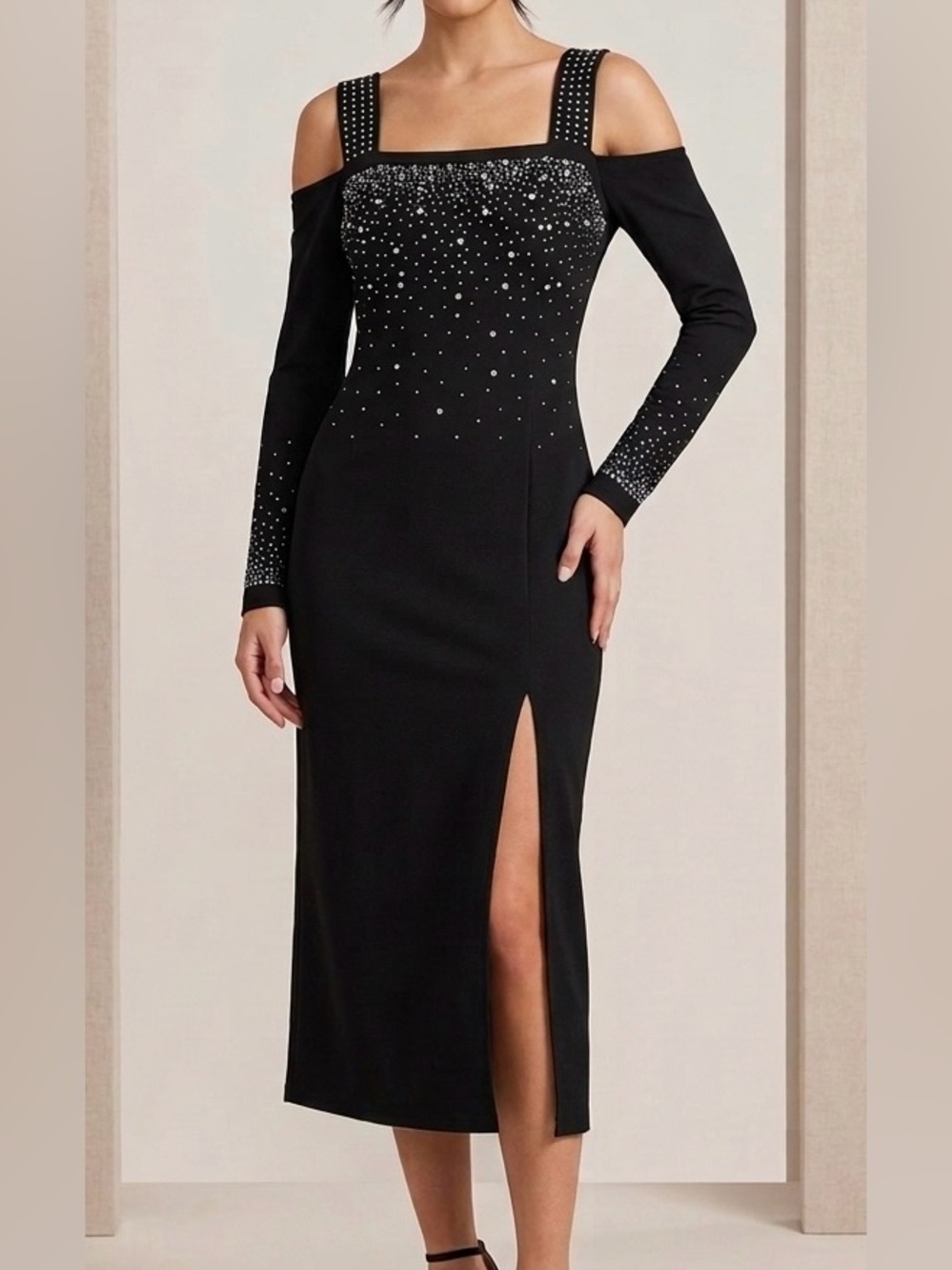 Black Rhinestone Cold Shoulder Square Neck Midi Bodycon Dress Side Slit Size M